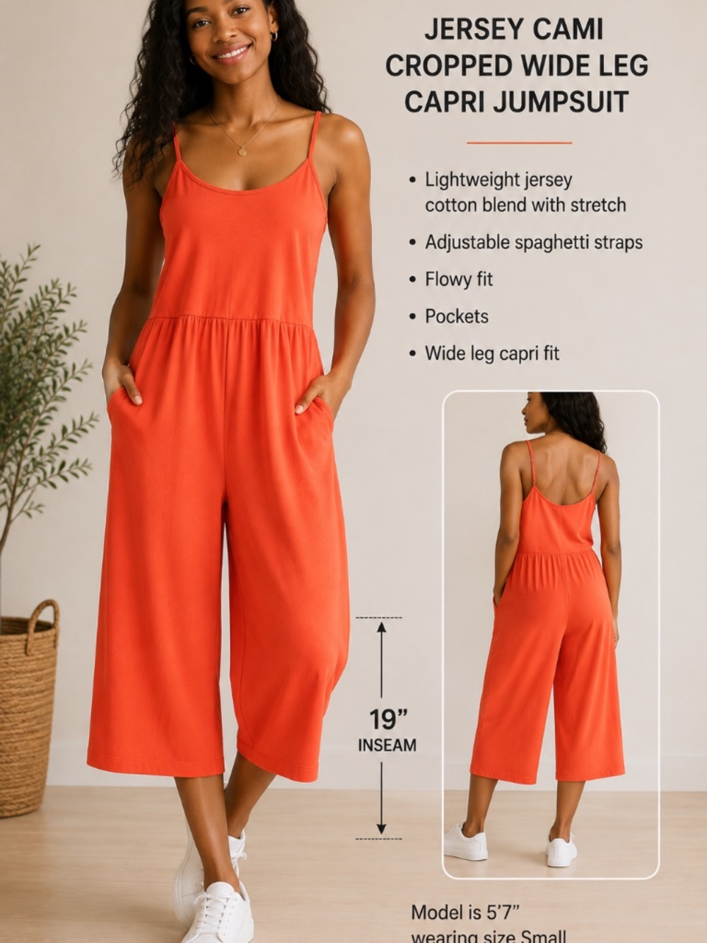 Women’s Jersey Cami Cropped Wide Leg Capri Jumpsuit Size Small